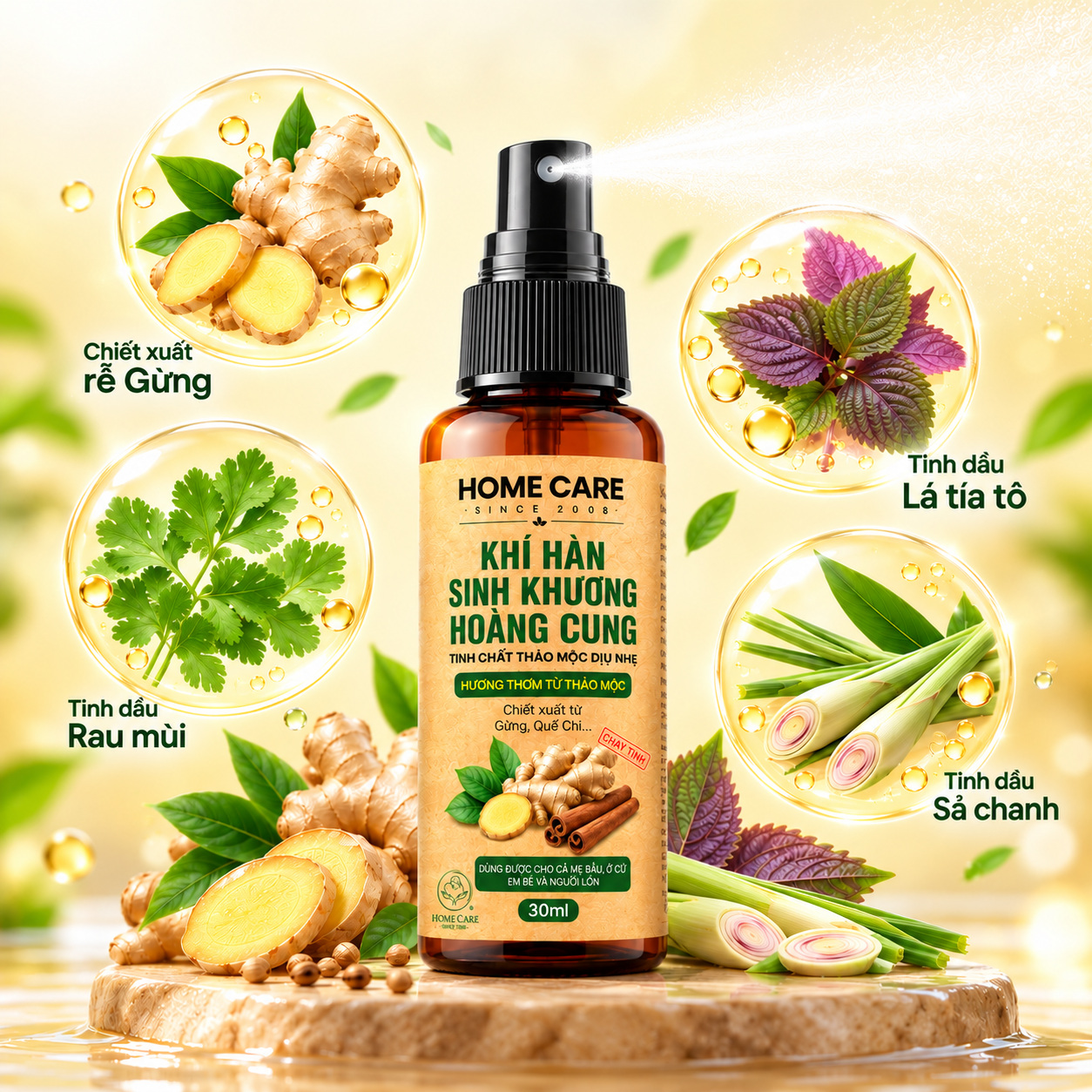 ẢNH 10: Ảnh chai xịt Khí Hàn Sinh Khương bên cạnh thảo mộc tự nhiên