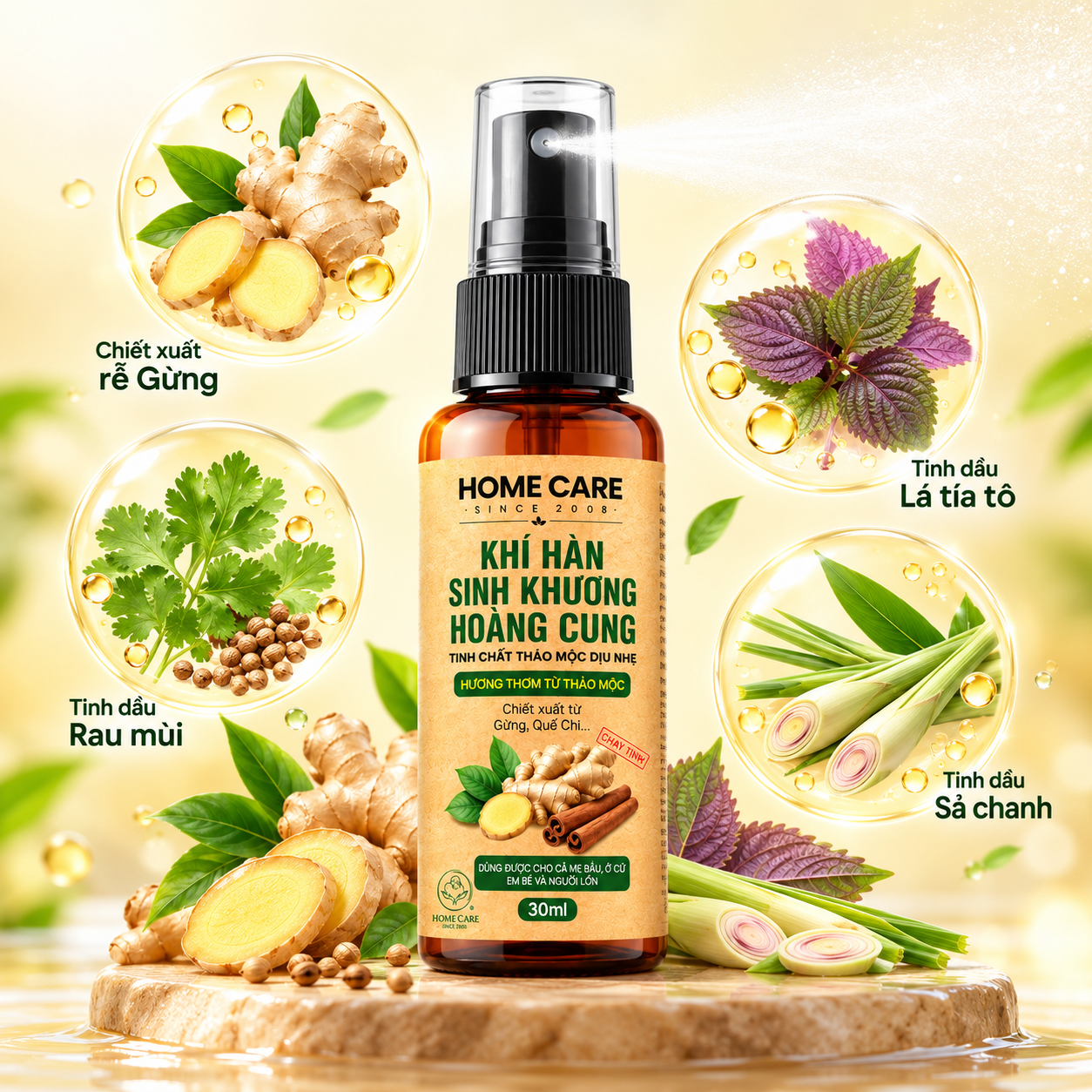 ẢNH 10: Ảnh chai xịt Khí Hàn Sinh Khương bên cạnh thảo mộc tự nhiên